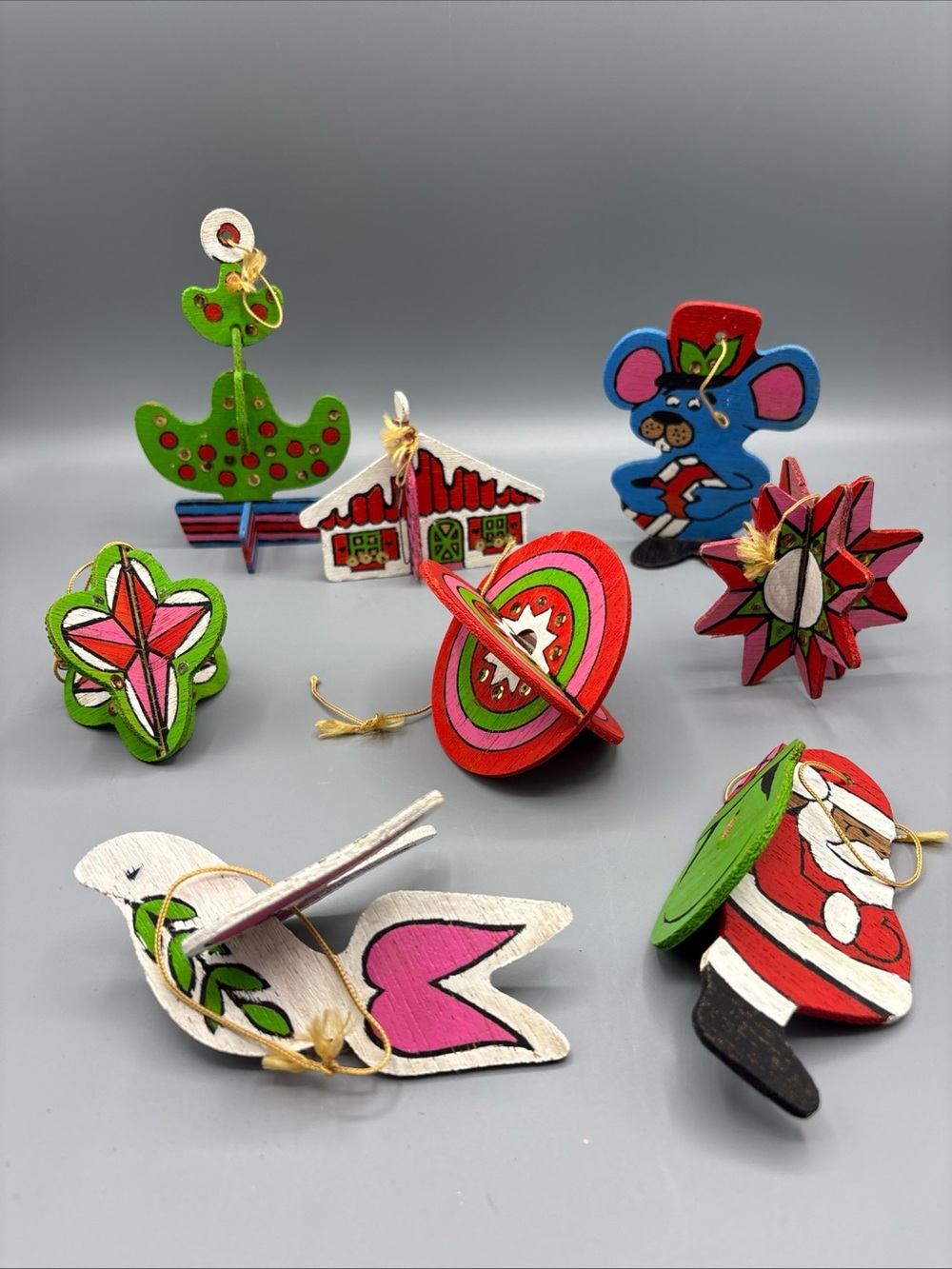 Vintage 1970s Hand Painted Wooden Christmas Ornaments double sided 3-D lot of 8